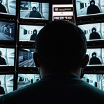 **Overwhelmed by Surveillance:** A person surrounded by CCTV cameras, phone screens displaying targeted ads, and microphones, conveying a sense of being watched and loss of privacy. Dark, ominous lighting.