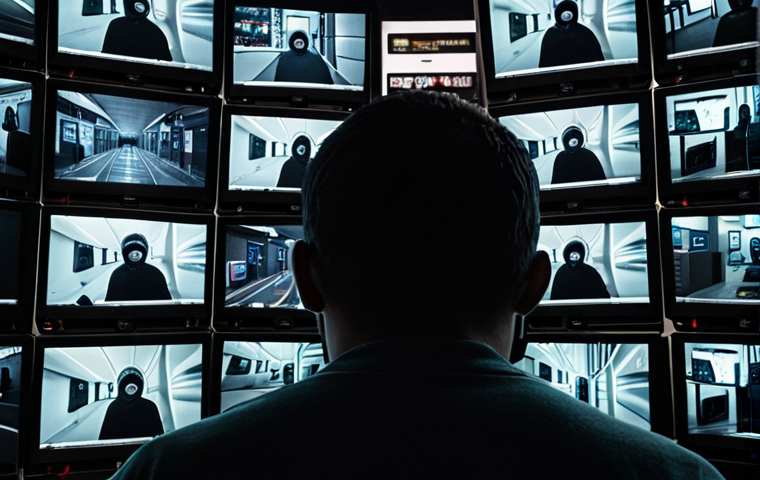 **Overwhelmed by Surveillance:** A person surrounded by CCTV cameras, phone screens displaying targeted ads, and microphones, conveying a sense of being watched and loss of privacy. Dark, ominous lighting.